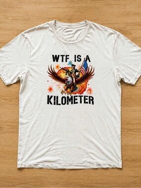 Gildan White Graphic Tee "WTF Is A Kilometer" with Eagle and American Flag